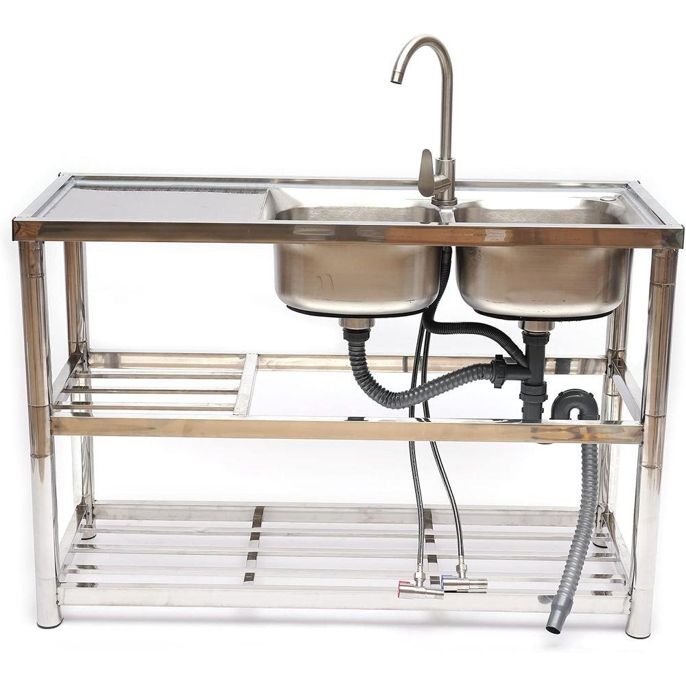Commercial Kitchen Double Sink - Stehende Edelstahl-Doppelspüle, Gewerbliche Restaurantküchen-Spüle mit Armatur