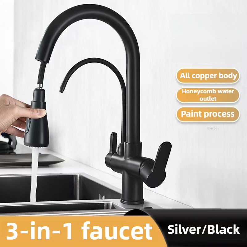 Commercial Kitchen Water Filter - Kommerzieller Küchenarmatur mit Dual-Funktions-Pull-Down-Sprühgerät, 3-in-1-Wasserfilter-Reinigungshahn, Mischbatterie