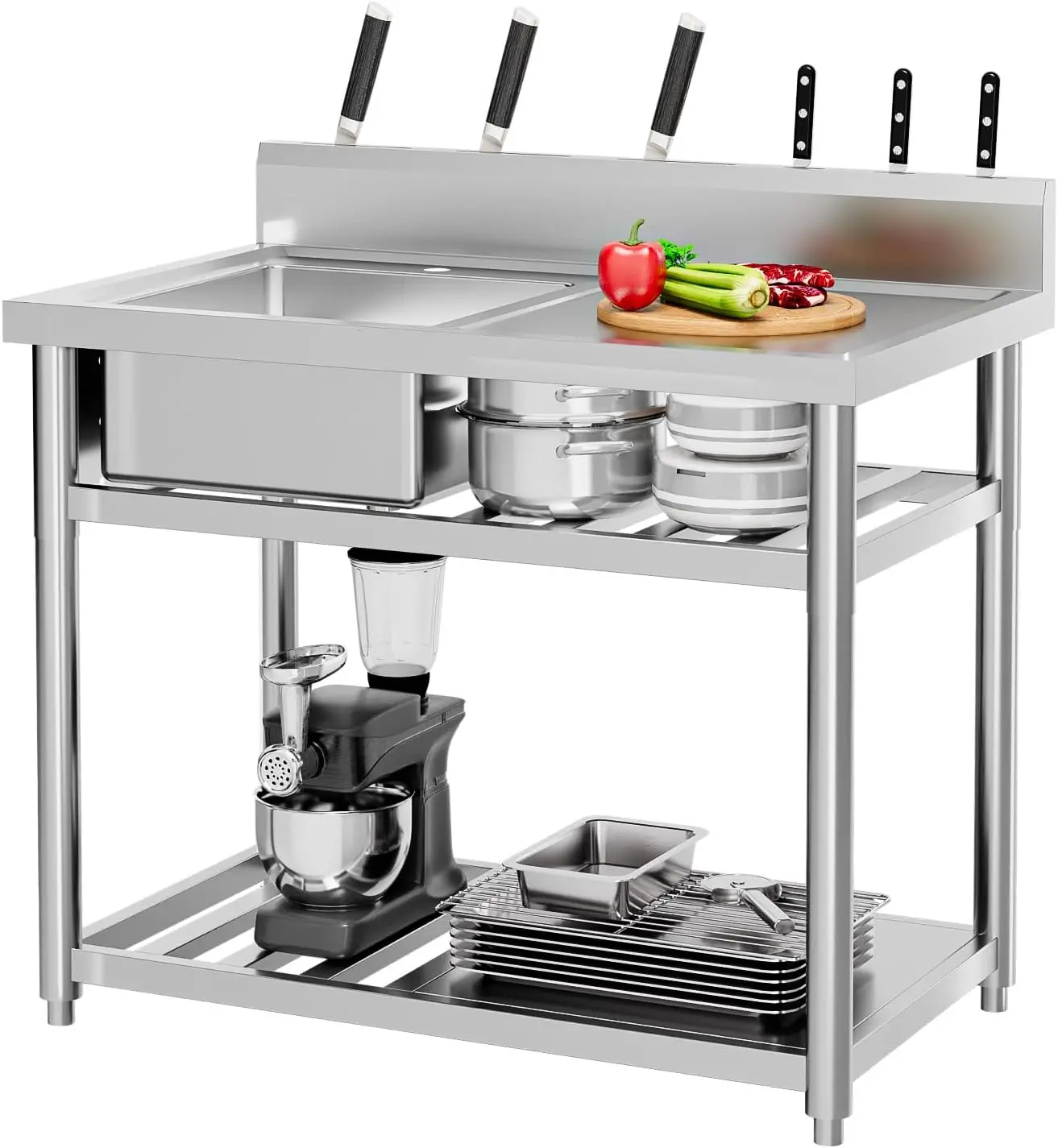 Commercial Kitchen Double Sink - Edelstahl-Allzweckschüssel, Freistehende Allzweckschüsseln mit Arbeitsplattenschublade und