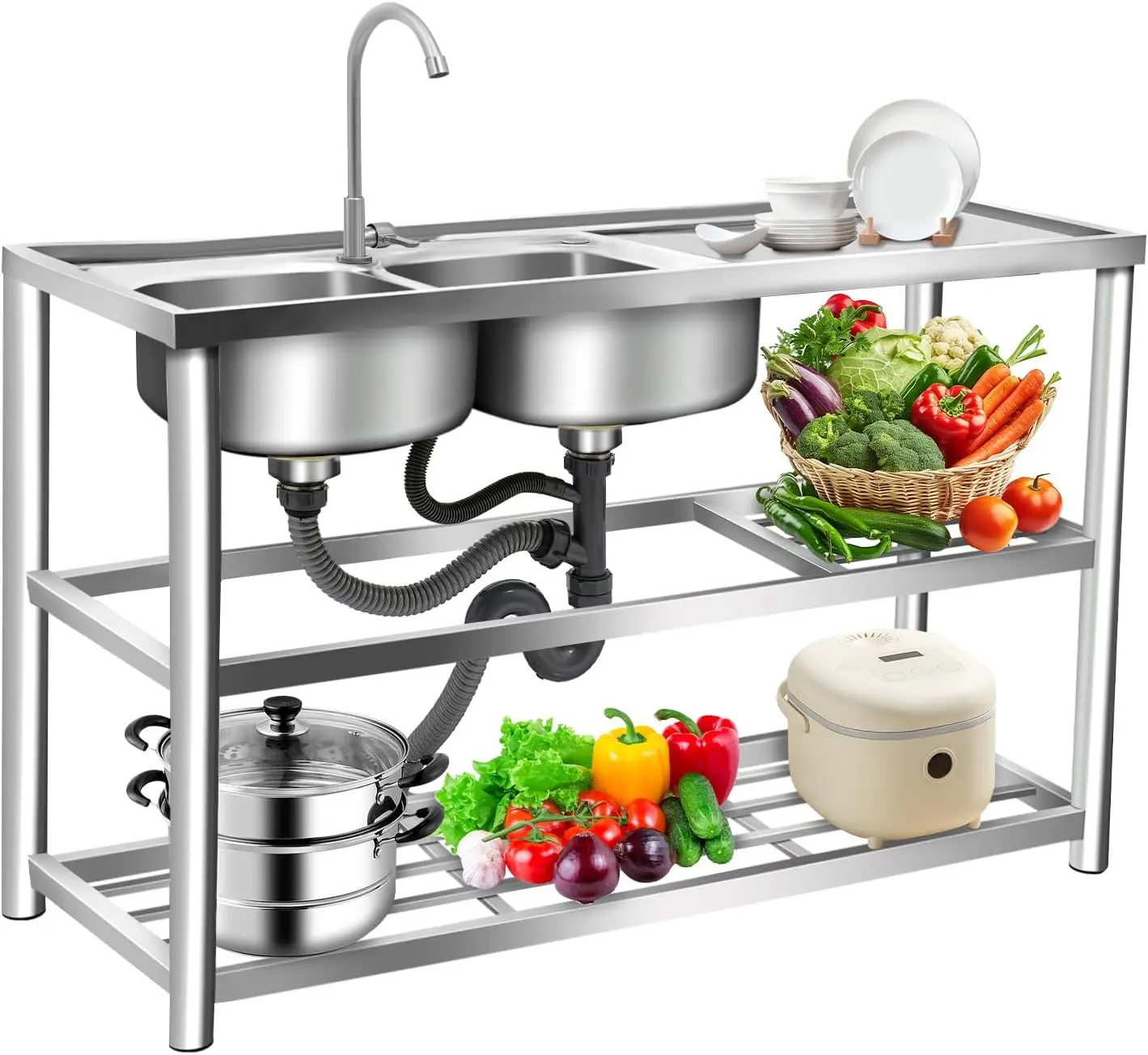 Commercial Kitchen Double Sink - 3-stufiges freistehendes Edelstahl-Spülbecken, Doppelbecken für gewerbliche