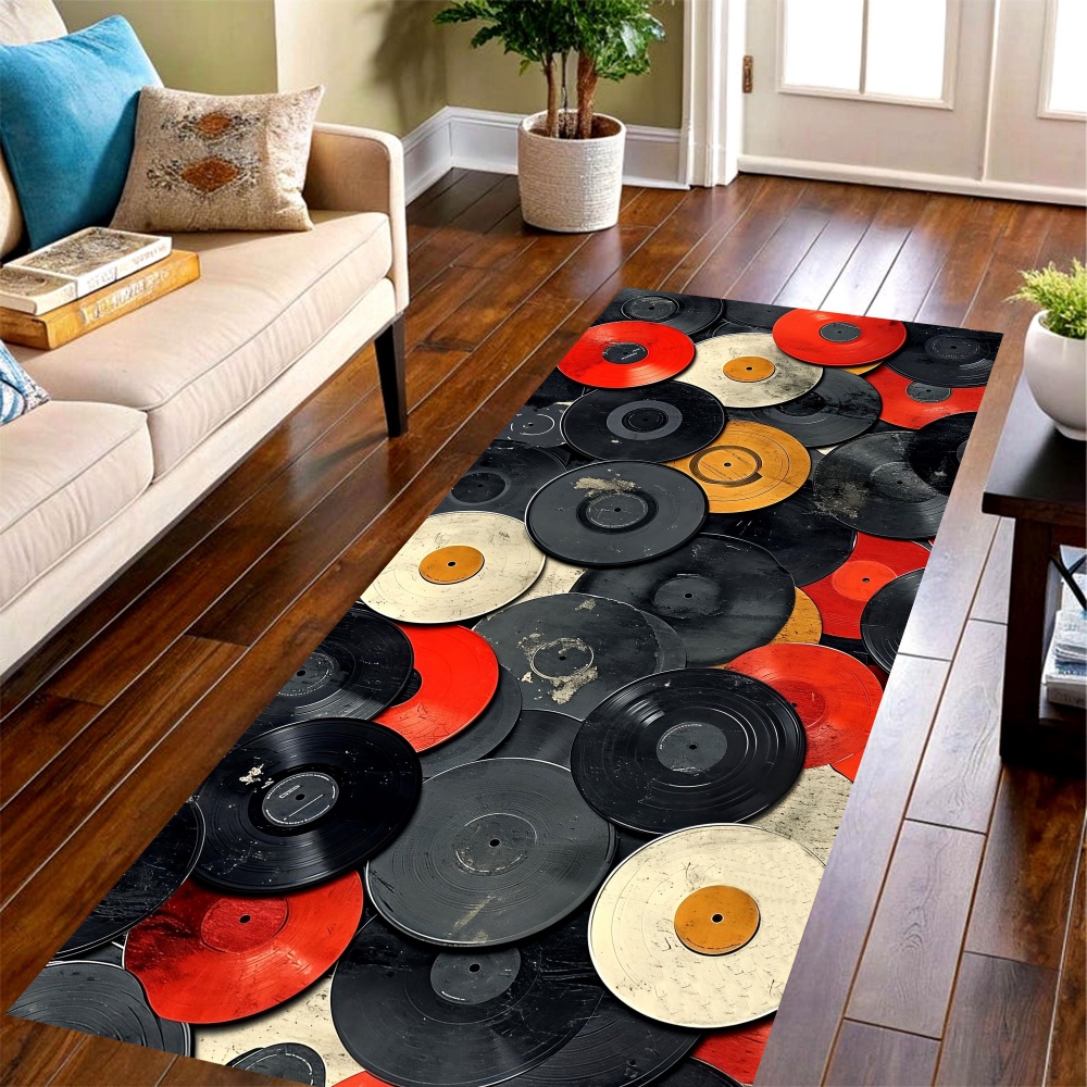 Commercial Kitchen Vinyl - Vintage-Vinyl-Schallplatten-Langflor-Teppich, Bodenmatte mit Retro-Musikdruck, Bodendekoration für