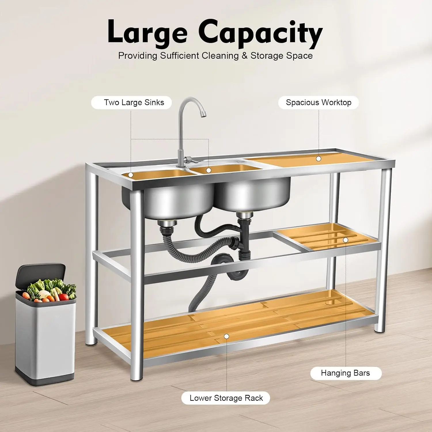 3-stufiges freistehendes Edels – Commercial Kitchen Double Sink Bewertung und Preis